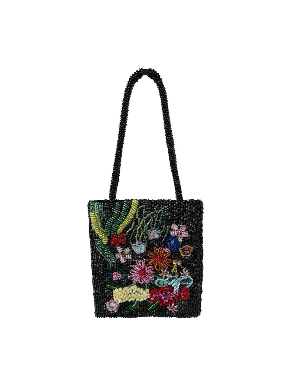 Vintage Handmade Black Floral Seed Bead Shoulder Bag Botanical Artisan Statement